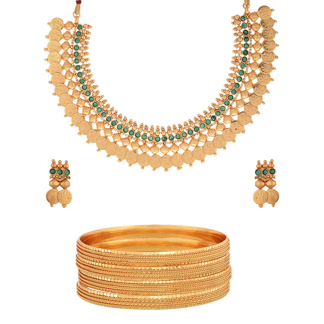 Zeneme Pearl Temple Coin Traditional Necklace Set & Traditional Bangle Set for Women Jewellery Set with Earrings for Women
