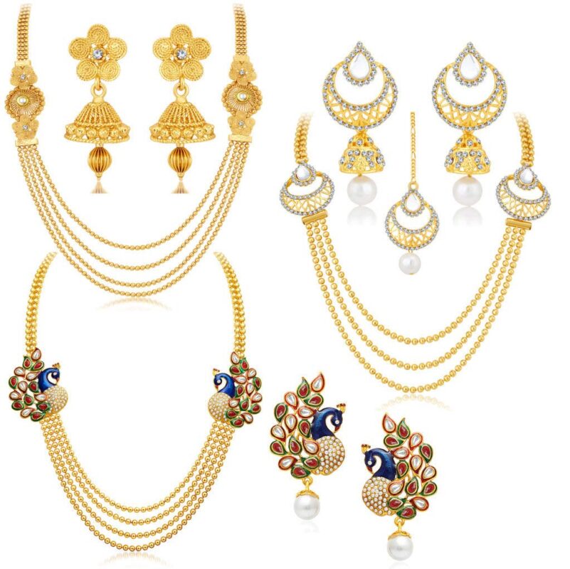 Sukkhi Gorgeous Pearl Gold Plated Wedding Jewellery Kundan Peacock Meenakari Multi-String Necklace Set Combo For Women (457CB2700)