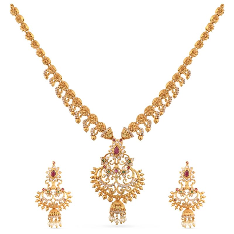 TARINIKA Antique Gold Plated Anjali Short Necklace Set with Floral Design - Jewelry Set for Women Perfect for Ethnic occasion | Traditional Jewellery For Women