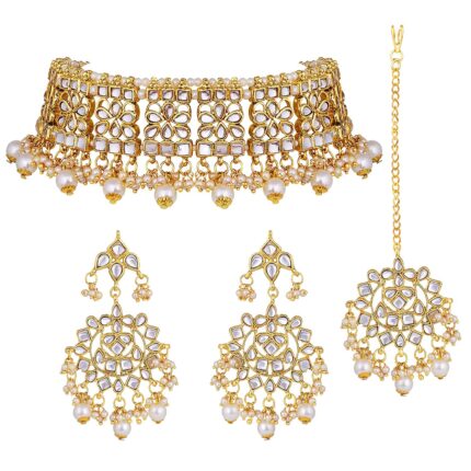 I Jewels 18K Gold Plated Traditional Kundan & Pearl Studded Choker Necklace Jewellery Set with Earrings & Maang Tikka For Women (K7069)