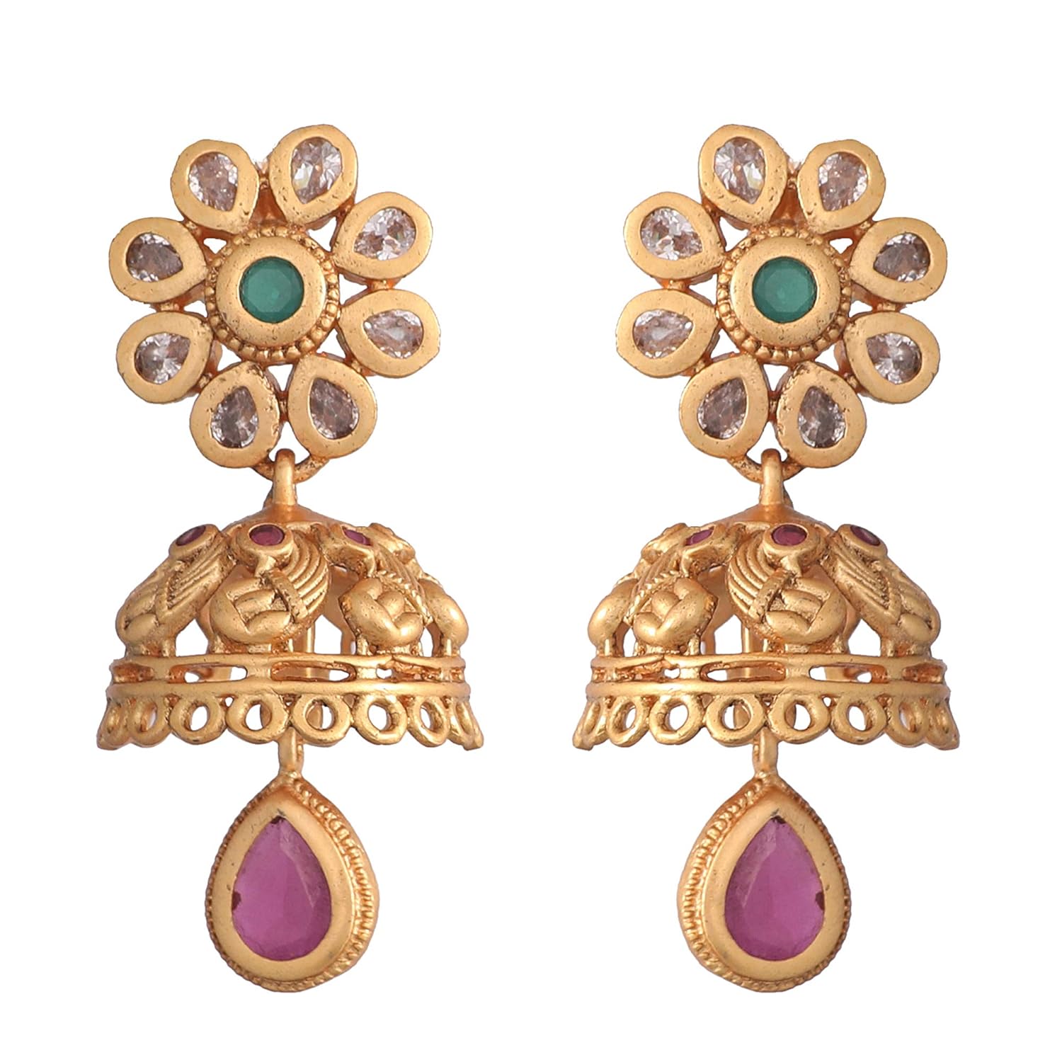 Tarinika Antique Gold Plated Chitra Jhumka Earrings with Floral Design - Jewelry Set for Women Perfect for Ethnic occasion | Traditional Jewellery For Women