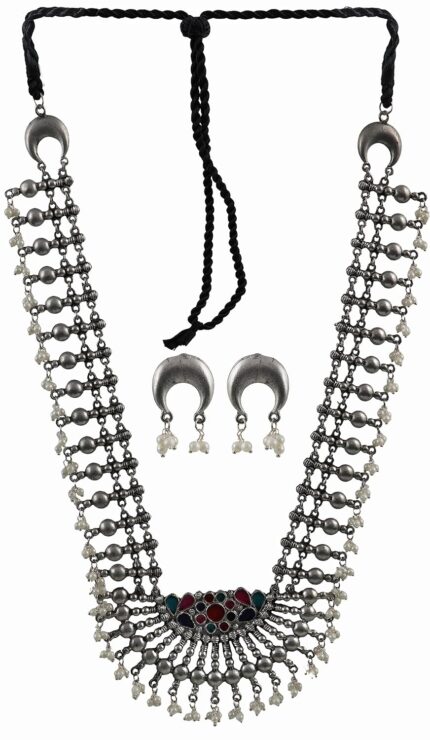 Fusion Designer Oxidised Silver Brass Ethnic Trditional Wedding Antique Fashion Long Necklace Set Jewelry Women Girls