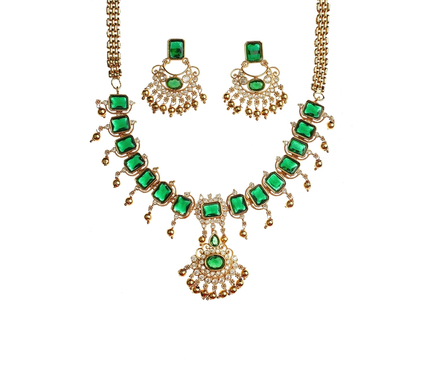 VD - Rich emerald designer Stone and AD Studded with VD - Rich emerald designer Stone and AD Studded with Gold finished necklace and earrings, Jewellery set for Women