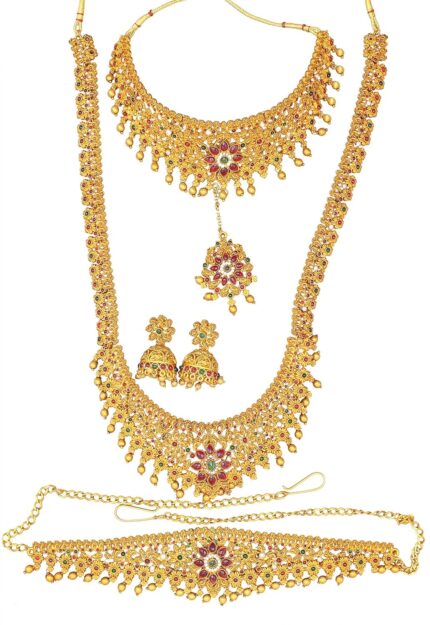 Nagneshi Art- Adorable Gold Plated Pearl Choker Necklace Set for Women,Matte Finish Bridal Jewellery Set Earring, for Women-2 Neckless, 1 Pair Earring, 1 Maang Tikka, 1 Kamarband