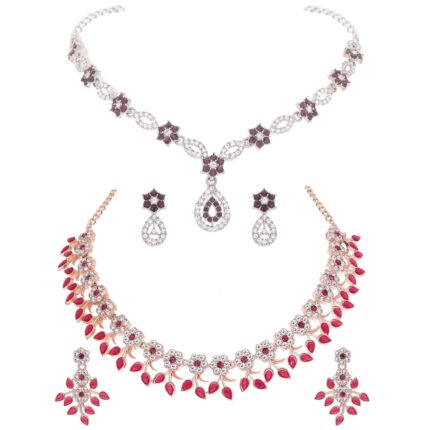 Unique Rosegold and Silver Polished AD Stone Studded Jewellery Choker Necklace Set with Crystal Drop Earrings For Women and Girls(AB_ATS-RG-Pink & Sparsh-SLR-Maroon)