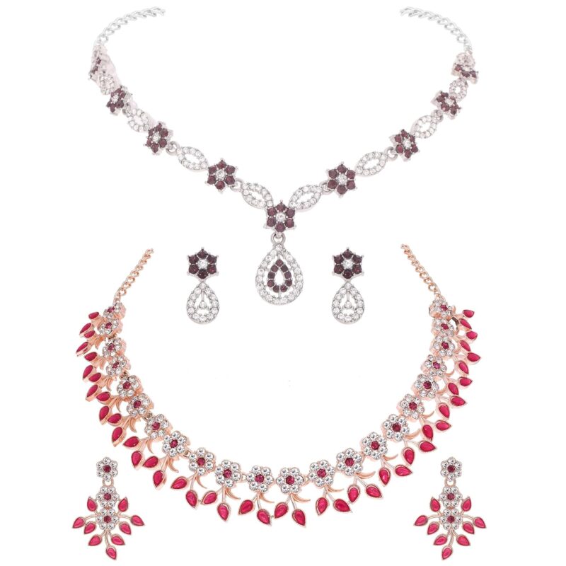Unique Rosegold and Silver Polished AD Stone Studded Jewellery Choker Necklace Set with Crystal Drop Earrings For Women and Girls(AB_ATS-RG-Pink & Sparsh-SLR-Maroon)