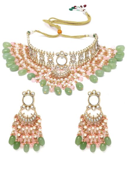 Karatcart Gold Plated Pink and Lime Green Kundan Choker Bridal Jewellery Set for Women