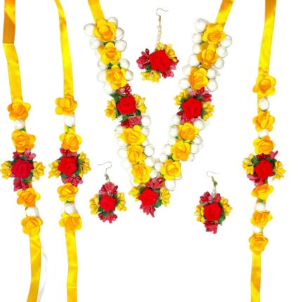 PATWA TRADERS Flowers Jewellery Set For Haldi Gota Patti Necklace, Earrings, Bracelet & Maang Tika for Women & Girls (Mehandi/Haldi/Wedding/Bridal/Baby Shower)