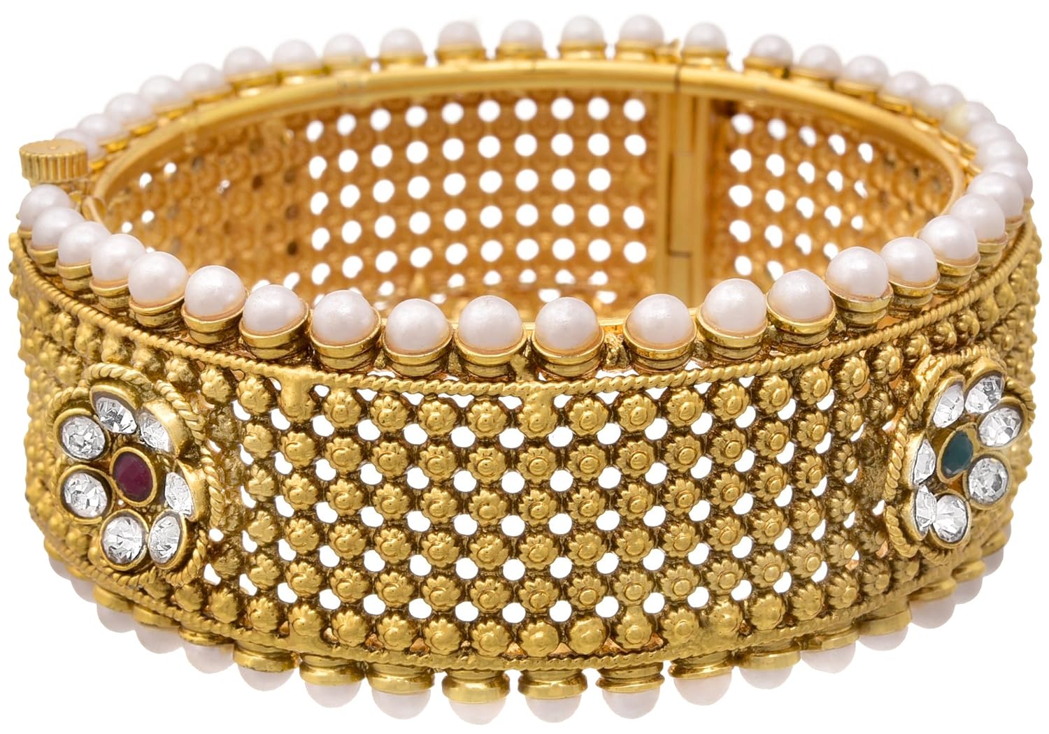 JFL - Traditional Ethnic One Gram Gold Plated Austrian Diamond And Red Green Stones With Pearl Designer Openable Kada For Women & Girls.