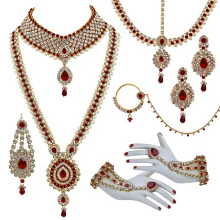 Lucky Jewellery Bridal Dulhan Designer 18k Gold Plated Red Color Pearl Stone Set 9 pcs. for Women & Girls (3630-IZS-1611-RED)