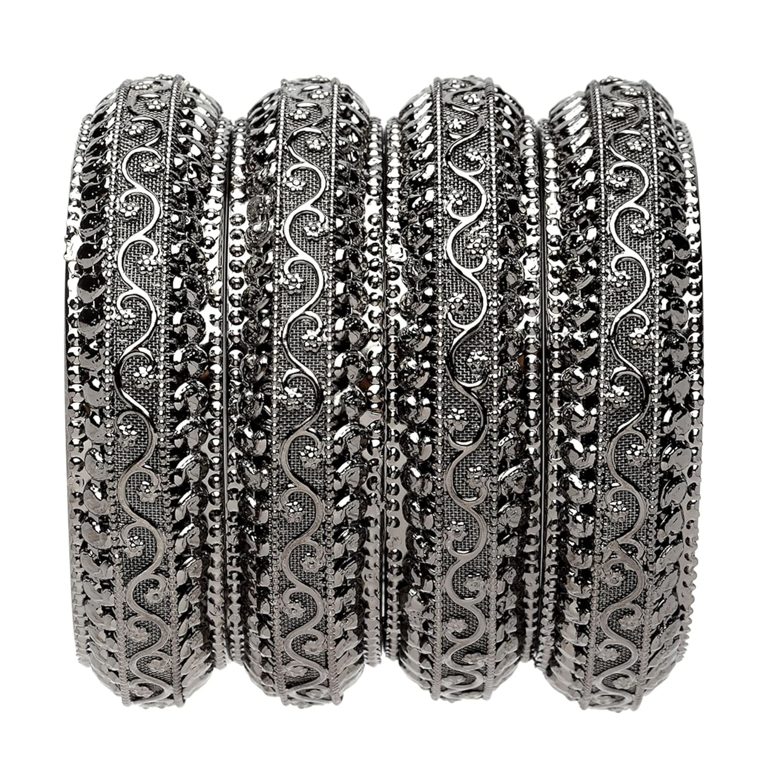 ZENEME Set Of 4 Oxidised Silver-Plated Classic Intricate Textured Bangles Jewellery Set for Girls and Women (Silver Toned, 2.4)