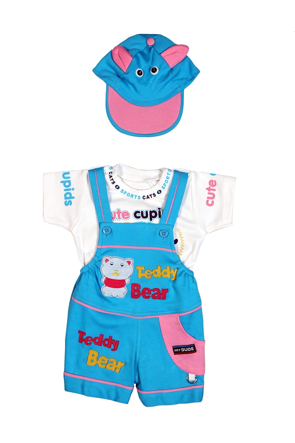 Trendy Dukaan Baby Boy's And Baby Girl's Dungaree Set / Romper Set with T-Shirt (12 Months - 24 Months, Light Blue)