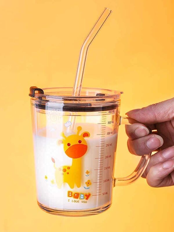 Jay Gatrad Seller Random Design Glass Measuring Cup Mug with Handle and Clear Lid with Silicone Straw for Girls & Kids, 300ml Transparent Drinking Glass for Tea, Coffee, Juice, Thick Shake