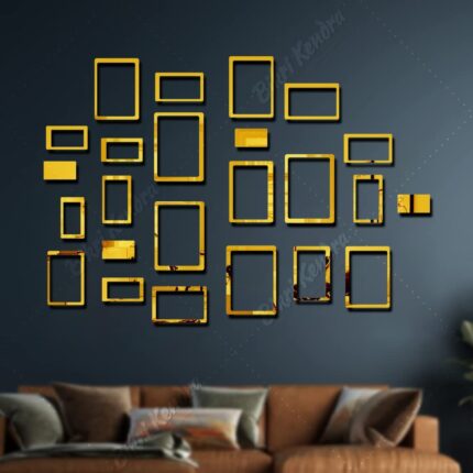 Chote Mote Seller - Hollow Rectangle 24 Golden Decorative Mirror Stickers for Wall, Wall Mirror Stickers, 3D Acrylic Stickers Wall Stickers for Hall Room, Bed Room, Living Room Kids Room.