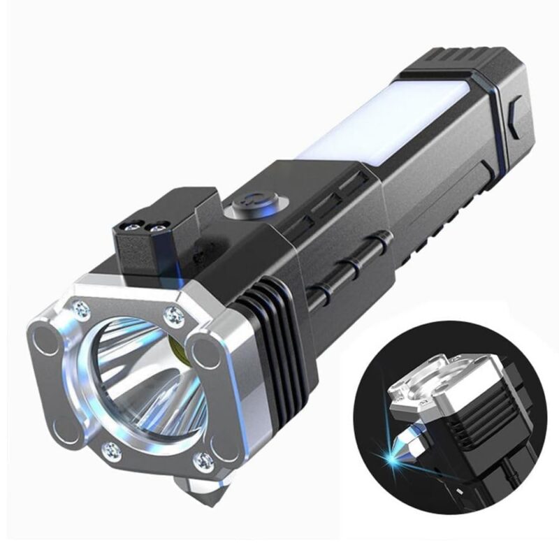 Rechargeable LED Torch with Side Light, 3W Emergency Torchlight, Portable Flashlight, Long Distance Beam Range, Car Rescue Torch with Hammer Window Breaker