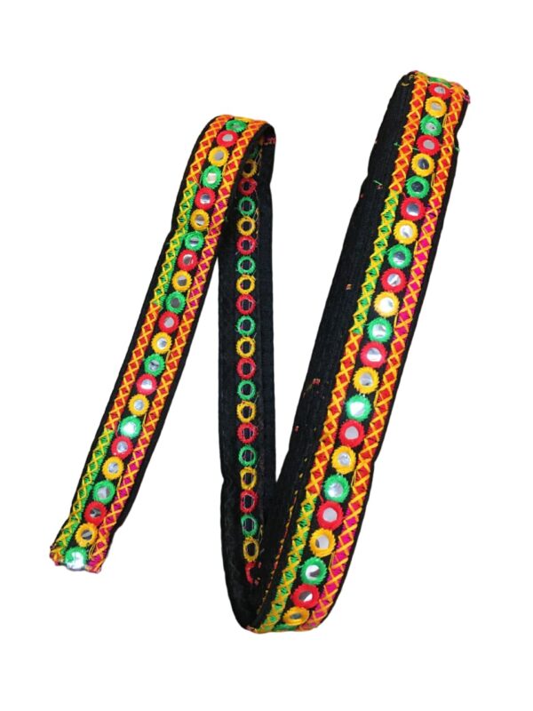 RAMya ENTERPRISE Gamthi Hand Woven 9 Meter with Plastic Mirror Sequence Work Fabric Cloth Lace for Decoraing Chaniya Choli or Any Outfit Borders to enrich Your Attire (Black with red Yellow Green)