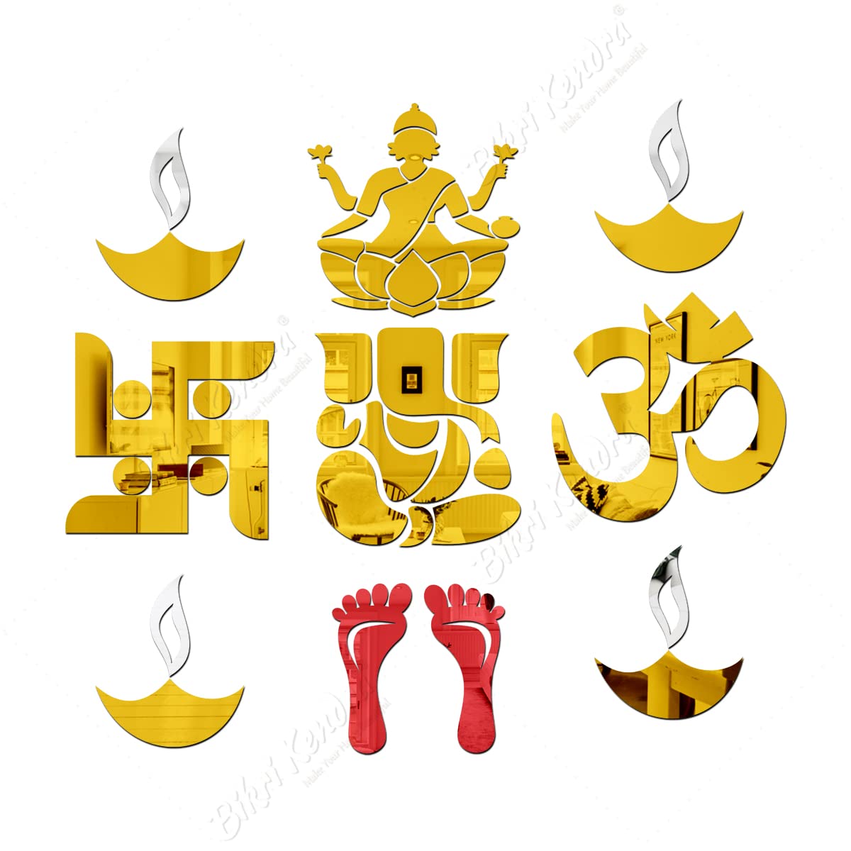 Chote Mote Seller - laxmi Ganesha om swastik Diya charan paduka Golden Mirror Stickers for Wall Acrylic Mirror Acrylic Stickers Wall Stickers for Hall Room