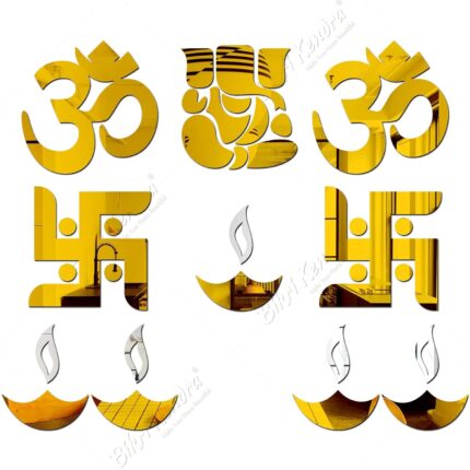 Chote Mote Seller - Ganesha Om Swastika Diya (Combo), Golden (Pack of 2) Decorative Mirror Stickers for Wall, Wall Mirror Stickers, 3D Acrylic Stickers Wall Stickers for Hall Room.