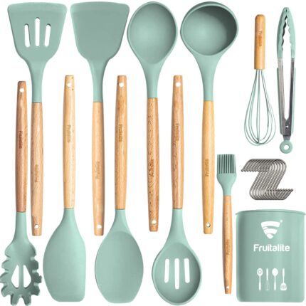 Fruitalite Silicone Kitchen Utensils Spoon Spatula Cooking Set- 13 Pcs Non-Stick with Wooden Handle- BPA Free, Heat Resistant Item, Flexible Non Toxic Silicon Cookware Tools with Holder- Mint Green