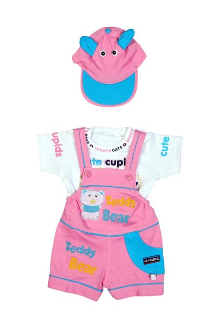 Trendy Dukaan Girls Cotton Baby Boy's And Baby Girl's Dungaree Set / Romper Set With T-Shirt (12 Months - 24 Months, Pink), 12-24 Months