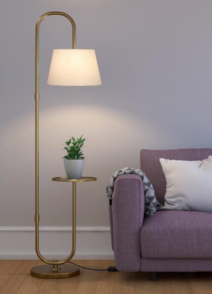 Divine Trends Modern Table Shelf LED Floor Lamp Standing Brass Antique Finish Gold 5ft Height with Shelf Diameter 10 Inches and Off White Lampshade (Pack of 1)