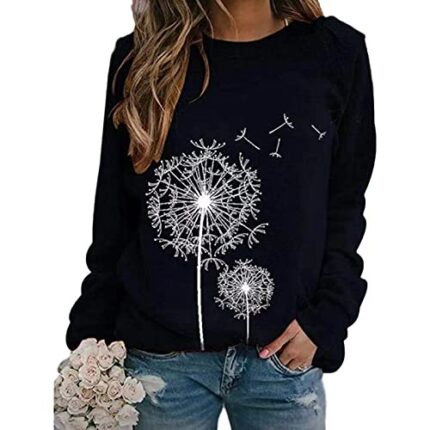 Qingyuan 2020 Euro and The United States Amazon Wish Autumn and Winter New Women's dan on Print Round ne Long-Sleeved Loose Casual Sweater Hide bla L