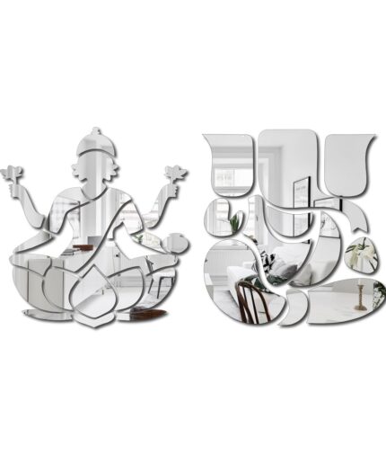 Chote Mote Seller - Laxmi Ganesha Silver (Pack of set 3) Mirror Stickers for Wall Acrylic Mirror Wall Decor Sticker Wall Mirror Stickers Acrylic Stickers Lotus Wall Stickers for Hall Room Bed Room