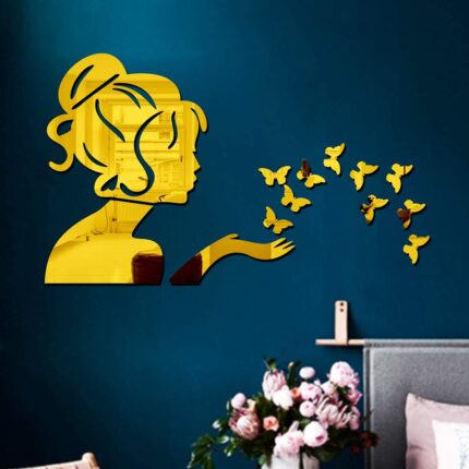 Chote Mote Seller - Angel Fairy with Butterfly Decorative Mirror Stickers,Wall Mirror Stickers,3D Acrylic Stickers Wall Stickers for Hall Room,Bed Room,Living Room Kids Room (Golden, Pack of 1)