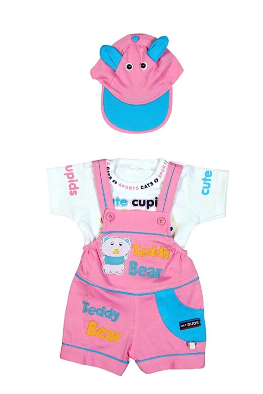 Wearilio Baby Boy's And Baby Girl's Dungaree Set/Romper Set with T-Shirt And Cap