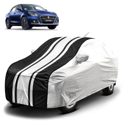 Fabtec Waterproof Car Body Cover for Maruti Dzire (2017-2023) with Mirror and Antenna Pocket, Soft Cotton Lining, Bottom Elastic, Triple Stitched (Metallic Silver with Black Stripes) Full Size