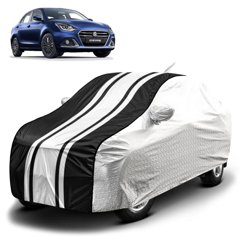 Fabtec Waterproof Car Body Cover for Maruti Dzire (2017-2023) with Mirror and Antenna Pocket, Soft Cotton Lining, Bottom Elastic, Triple Stitched (Metallic Silver with Black Stripes) Full Size