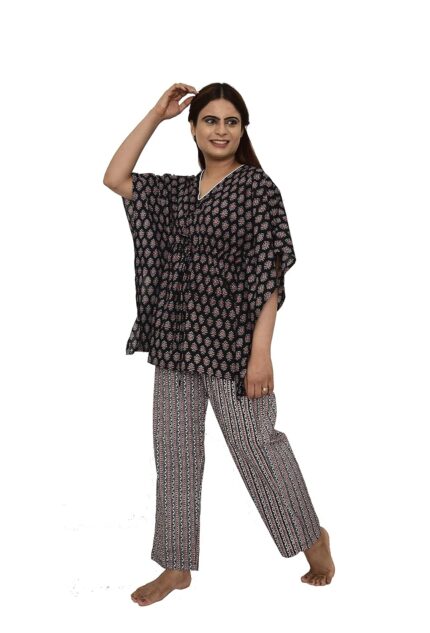 IKK KUDI BY SEERAT Comfortable 100% Cotton Kaftan Pajama / Pant Unique Black Jaipuri Floral Print Night Suit for Women / Girls